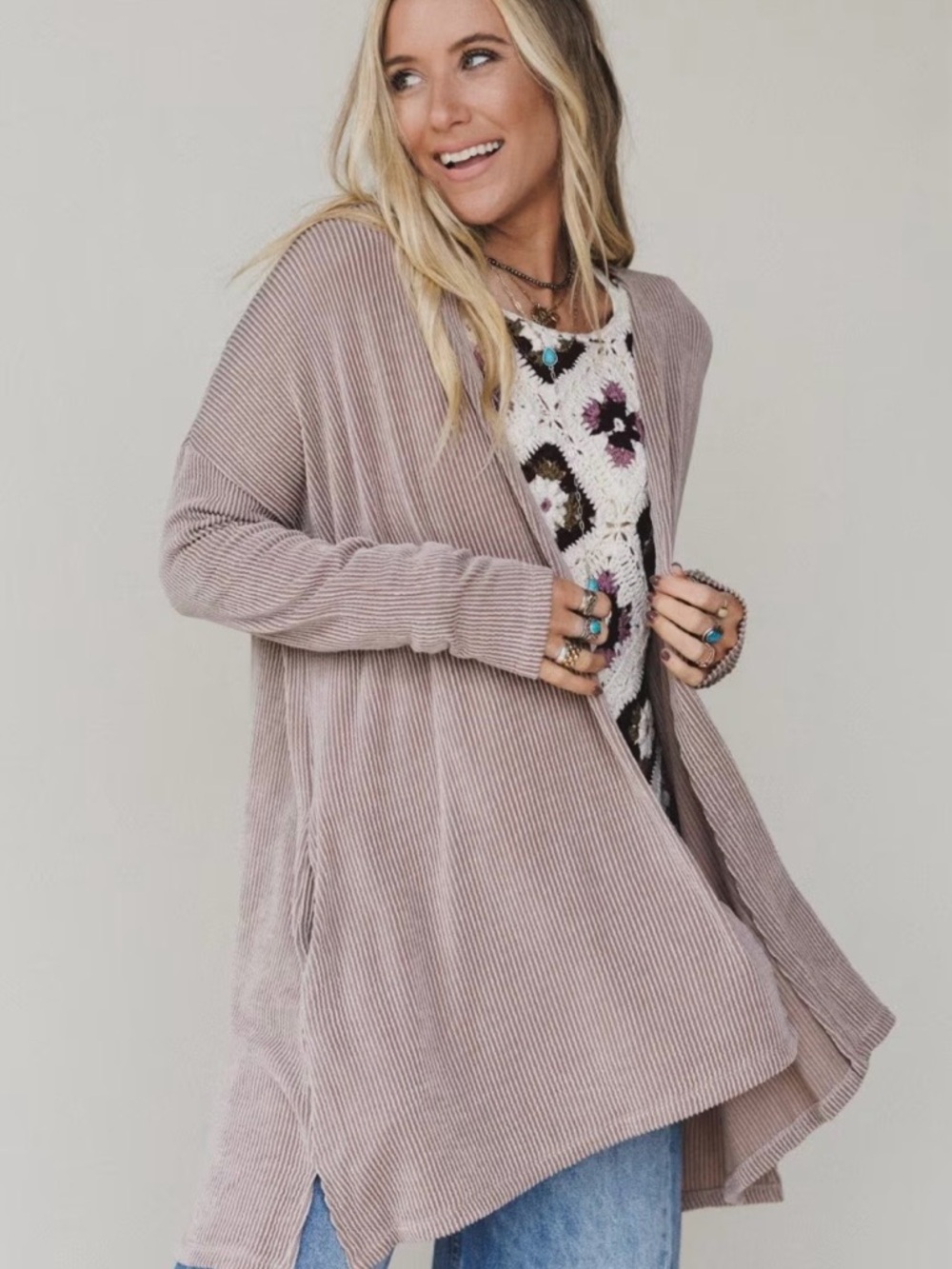 Three Bird Nest Ribbed Open-Front Cardigan in Dusty Mauve - Picture 2 of 7